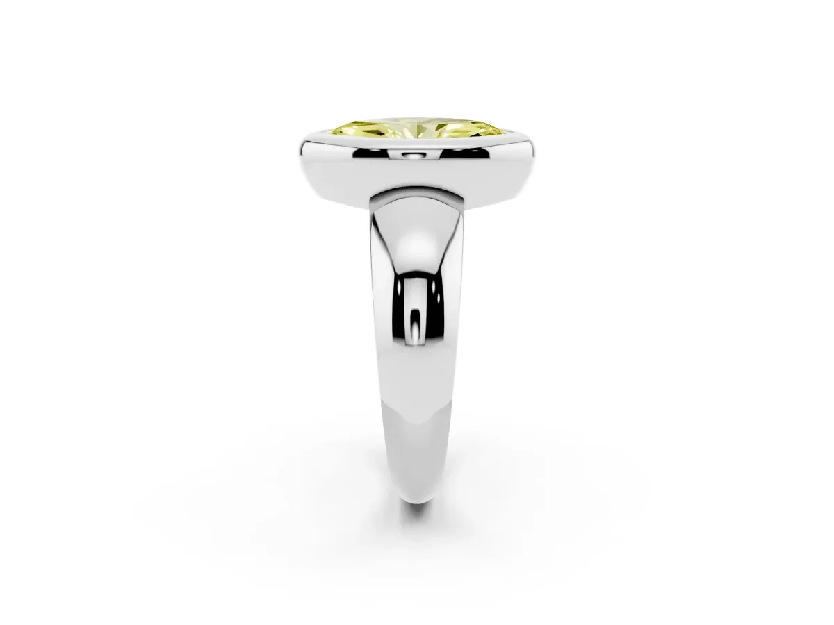 Fancy Yellow Bezel Set Marquise Cut Solitaire Ring with Wide Band Platinum