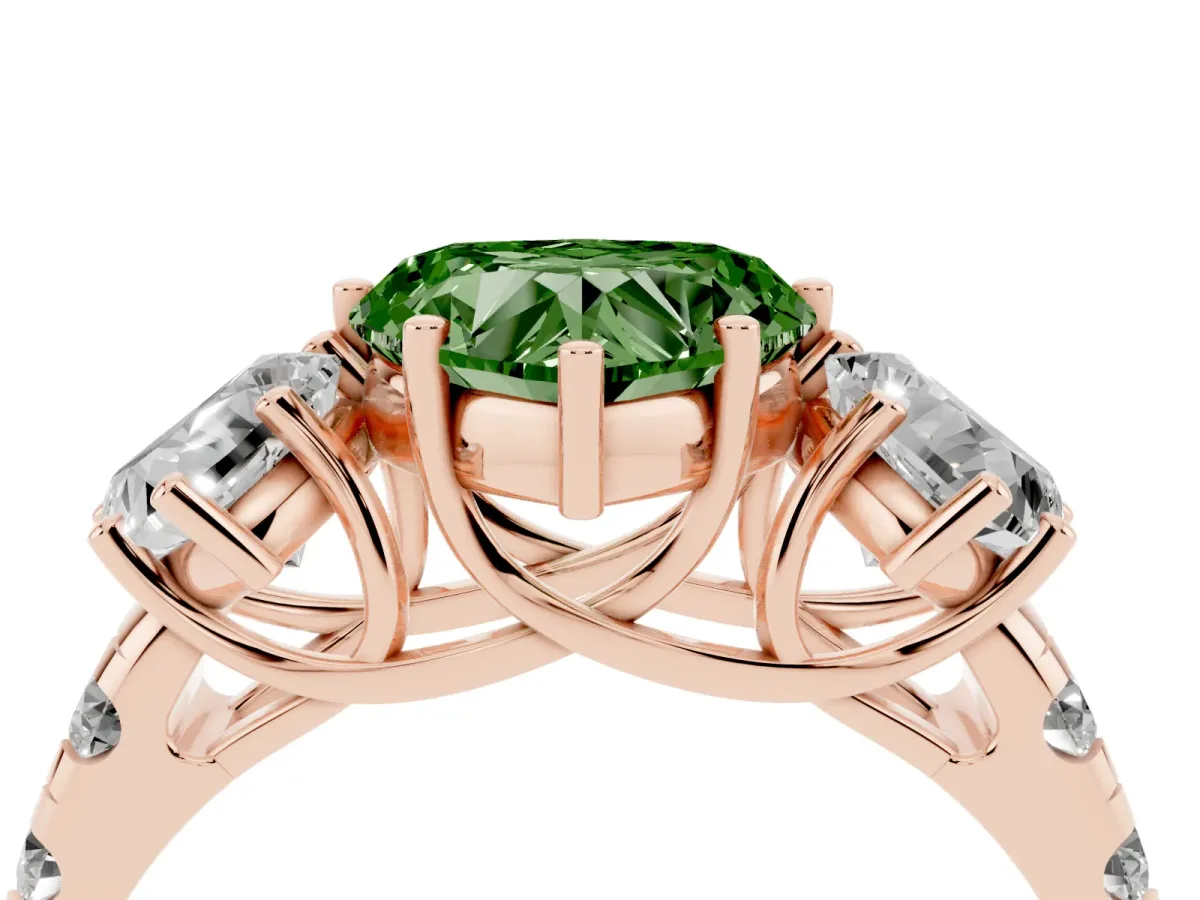 Fancy Green Three-Stone Heart Cut Diamond Pavé Band with Prong Setting Rose gold