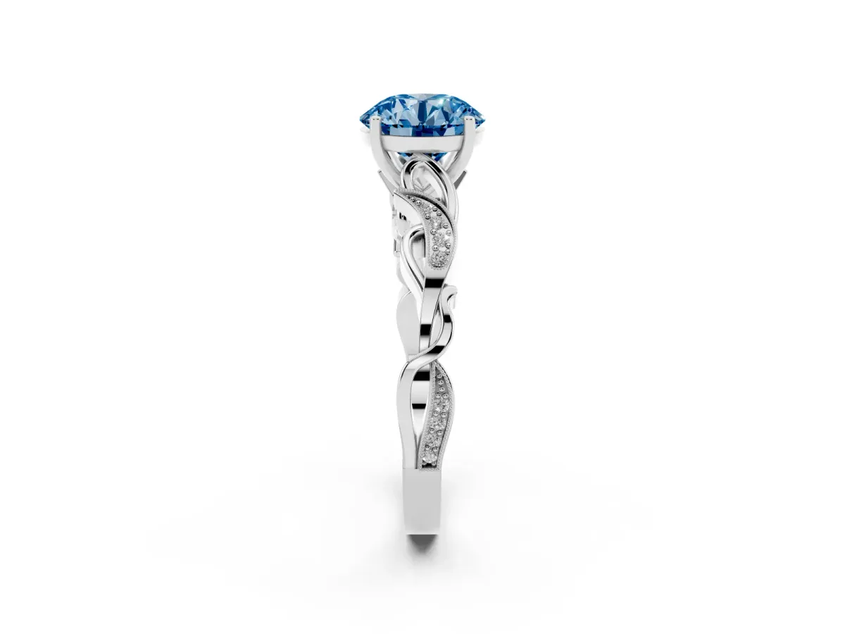 Fancy Blue Round Cut Solitaire Vine Band with Milgrain Prong Setting Platinum