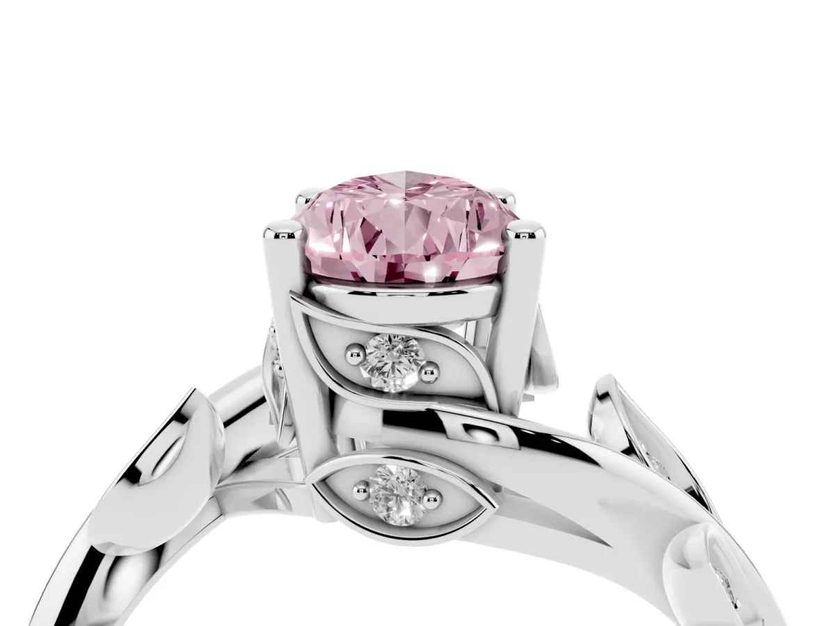 Fancy Pink Pear Cut Solitaire Twist Engagement Ring with Leaf Accents and Prong Setting Silver