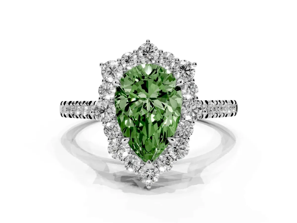 Fancy Green Pear Cut Halo Diamond Ring with Pavé Band and Prong Setting Silver