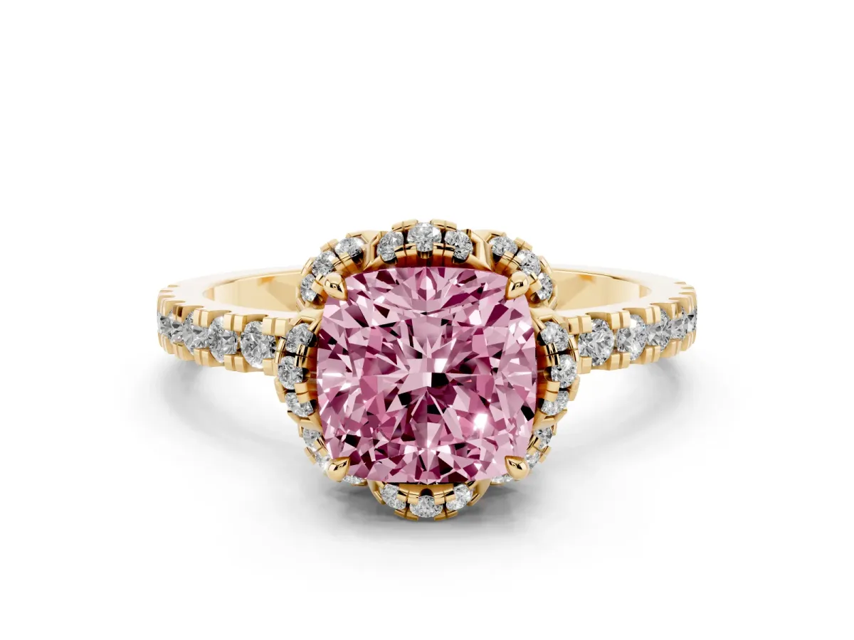 Fancy Pink Cushion Cut Halo Diamond Pave Band Ring with Four-Prong Setting Yellow gold