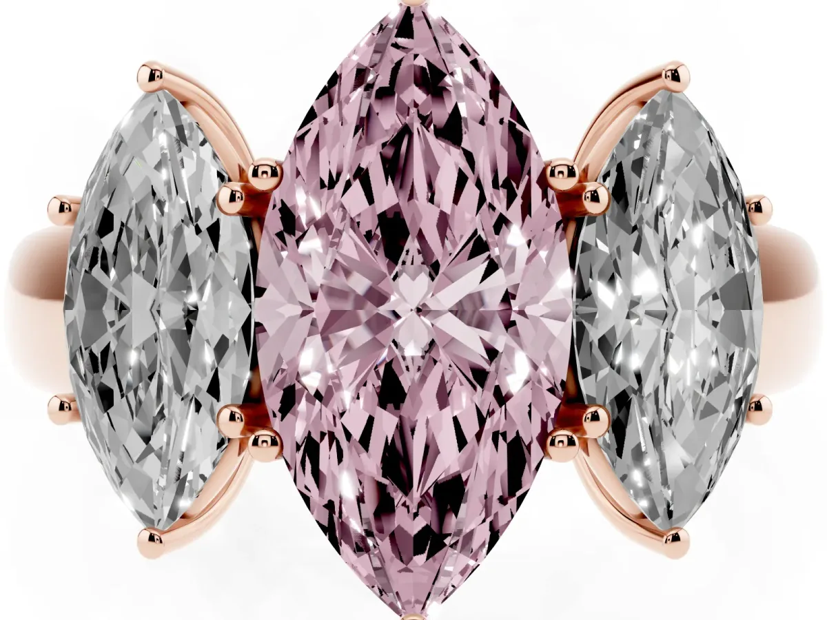 Fancy Pink Three-Stone Marquise Cut Cut Diamond Ring with Prong Setting and Classic Band Rose gold