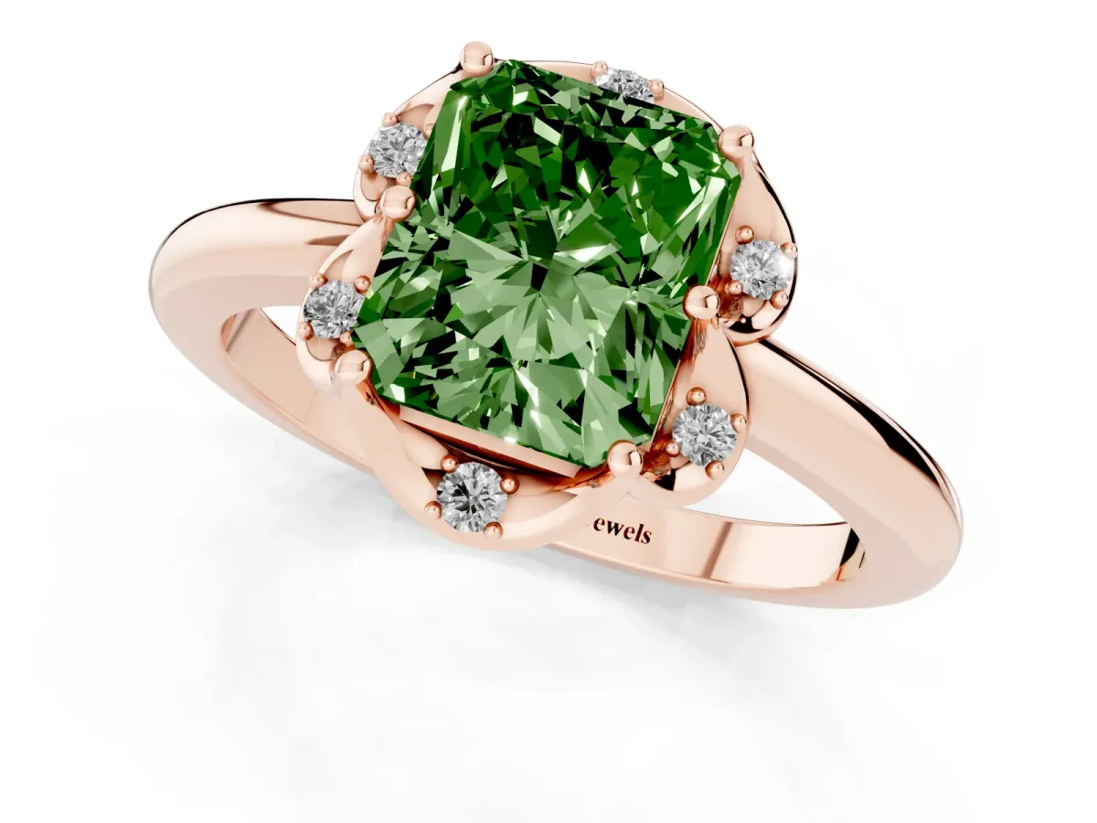 Fancy Green Radiant Cut Halo Diamond Ring with Round Cluster Setting, Solitaire Band, and Four-Prong Setting Rose gold