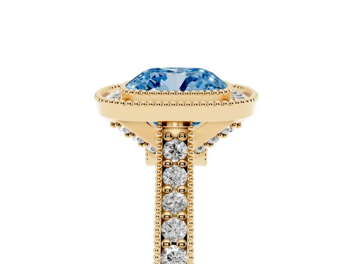 Fancy Blue Halo Cushion Cut-Cut Diamond Pave Band Milgrain Prong Setting Ring Yellow gold
