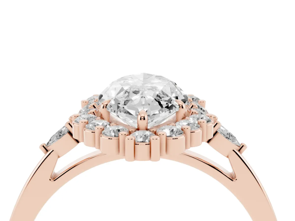 Marquise Cut Diamond Halo Ring with Pear Side Stones and Prong Setting Rose gold