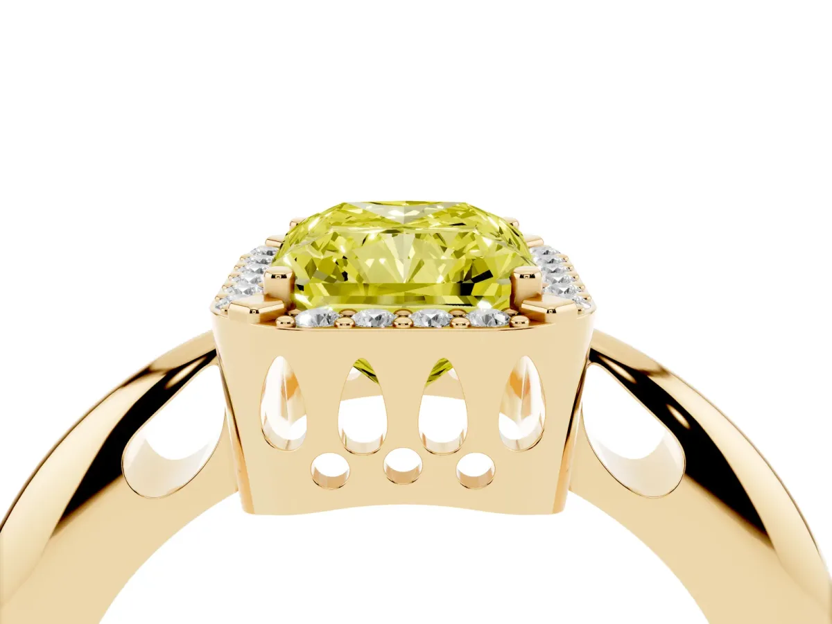 Fancy Yellow Radiant Cut Cut Diamond Halo Engagement Ring with Split Shank and Four-Prong Setting Yellow gold