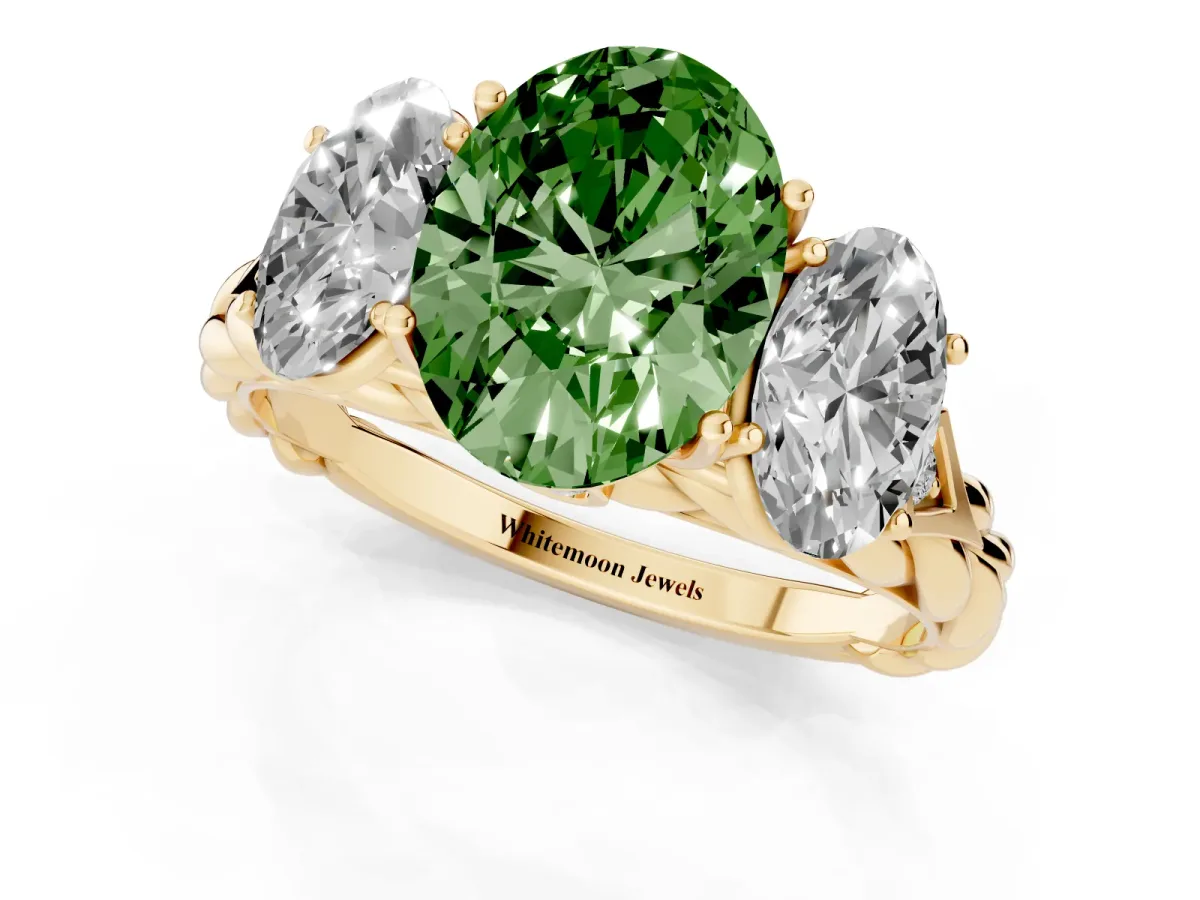 Fancy Green Three-Stone Oval Cut Diamond Braided Band Ring with Four-Prong Setting Yellow gold