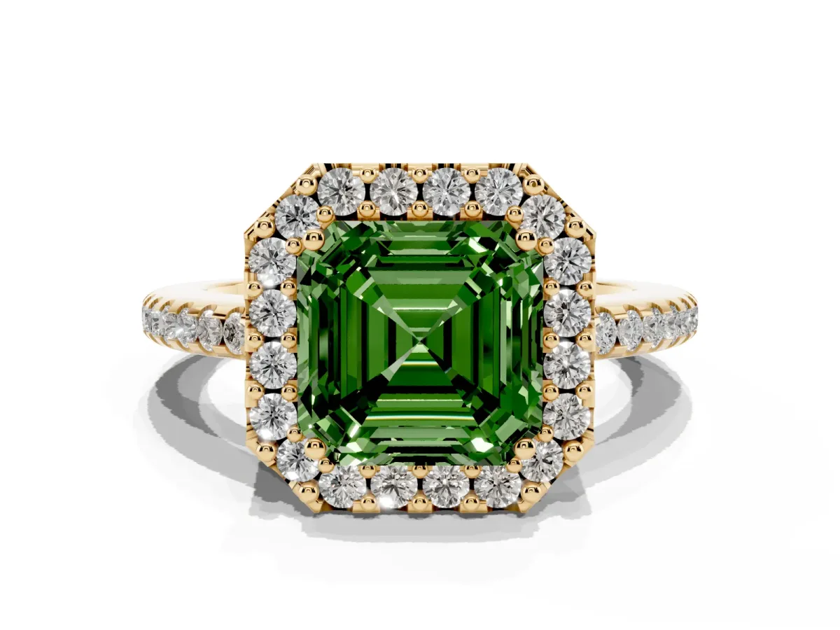 Fancy Green Asscher Cut Diamond Pavé Halo Ring with Four-Prong Setting Yellow gold