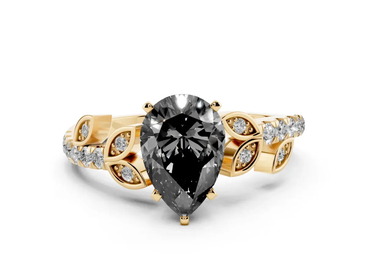 Fancy Black Pear Cut Solitaire Leaf-Inspired Diamond Ring with Pavé Band and Four-Prong Setting Yellow gold