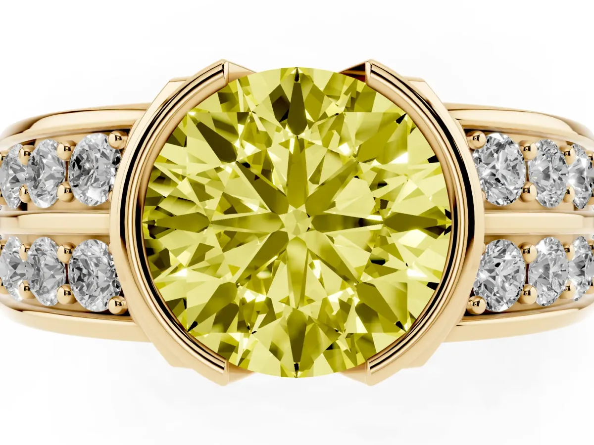 Fancy Yellow Round Cut Brilliant Diamond Channel Set Wide Band Ring with Bezel Setting Yellow gold