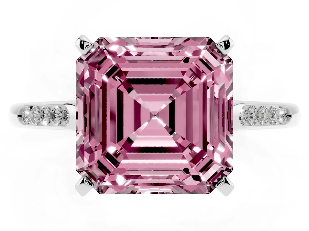 Fancy Pink Asscher Cut Diamond Solitaire Ring with Channel Set Round Band and Prong Setting Silver
