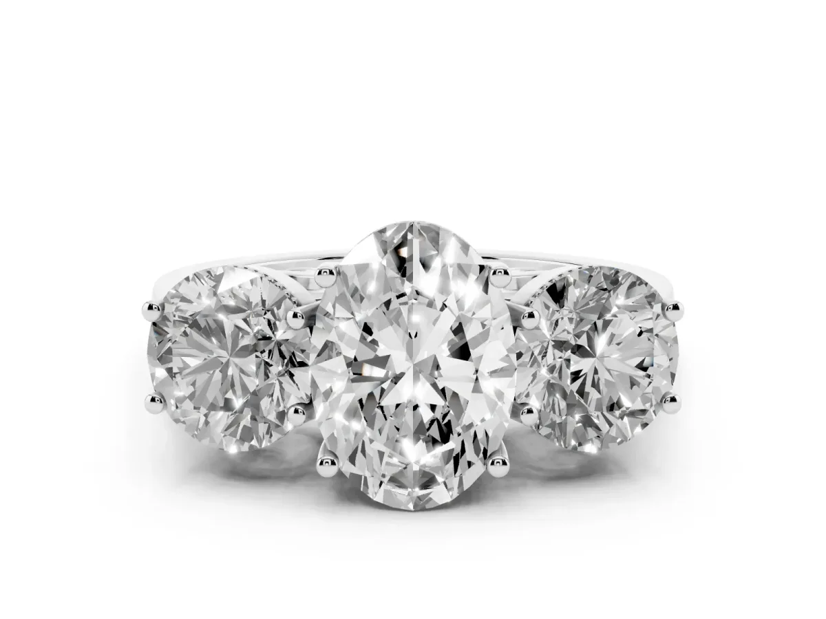 Three-Stone Oval Cut Diamond Engagement Ring with Prong Setting on a Classic Band Silver