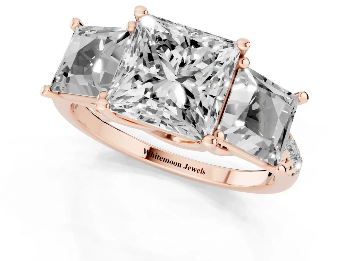 Three-Stone Princess Cut Diamond Ring with Round Pavé Band and Prong Setting Rose gold