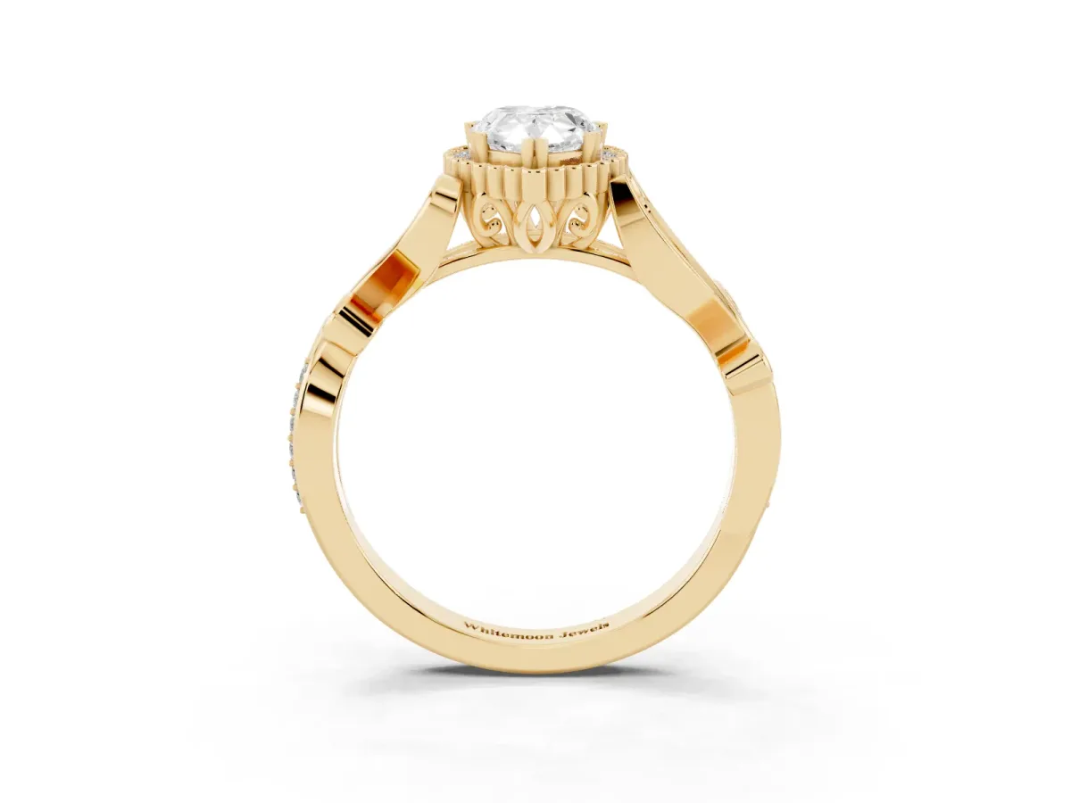 Pear Cut Diamond Halo Ring with Vintage Split Shank and Four-Prong Setting Yellow gold