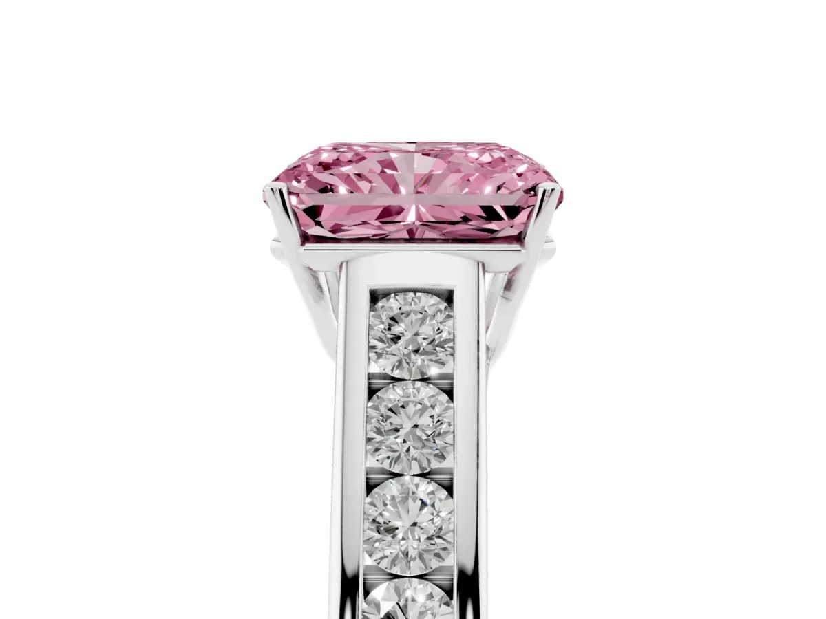 Fancy Pink Radiant Cut Brilliant Channel-Set Solitaire Ring with Four-Prong Setting Platinum
