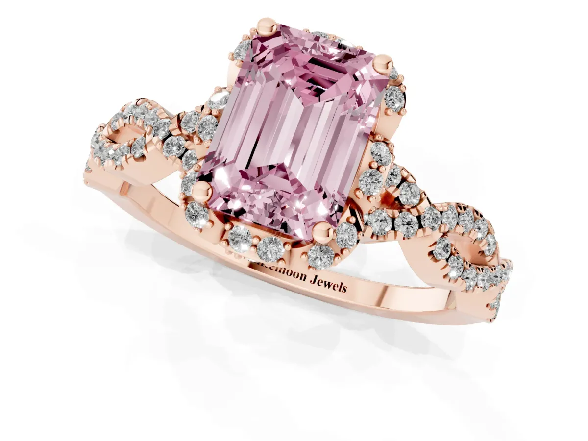 Fancy Pink Emerald Cut Halo Twist Band Solitaire Ring with Six-Prong Setting Rose gold