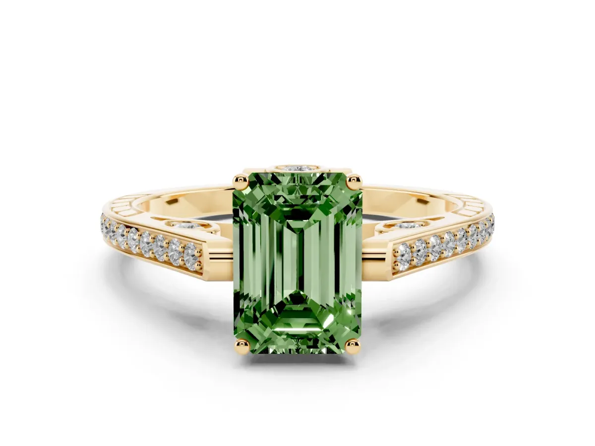 Fancy Green Emerald Cut Cut Cathedral Pave Diamond Engagement Ring with Six-Prong Setting Yellow gold
