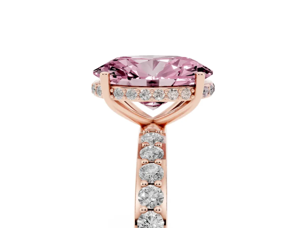 Fancy Pink Oval Cut Diamond Solitaire Ring with Pavé Band and Hidden Halo Rose gold