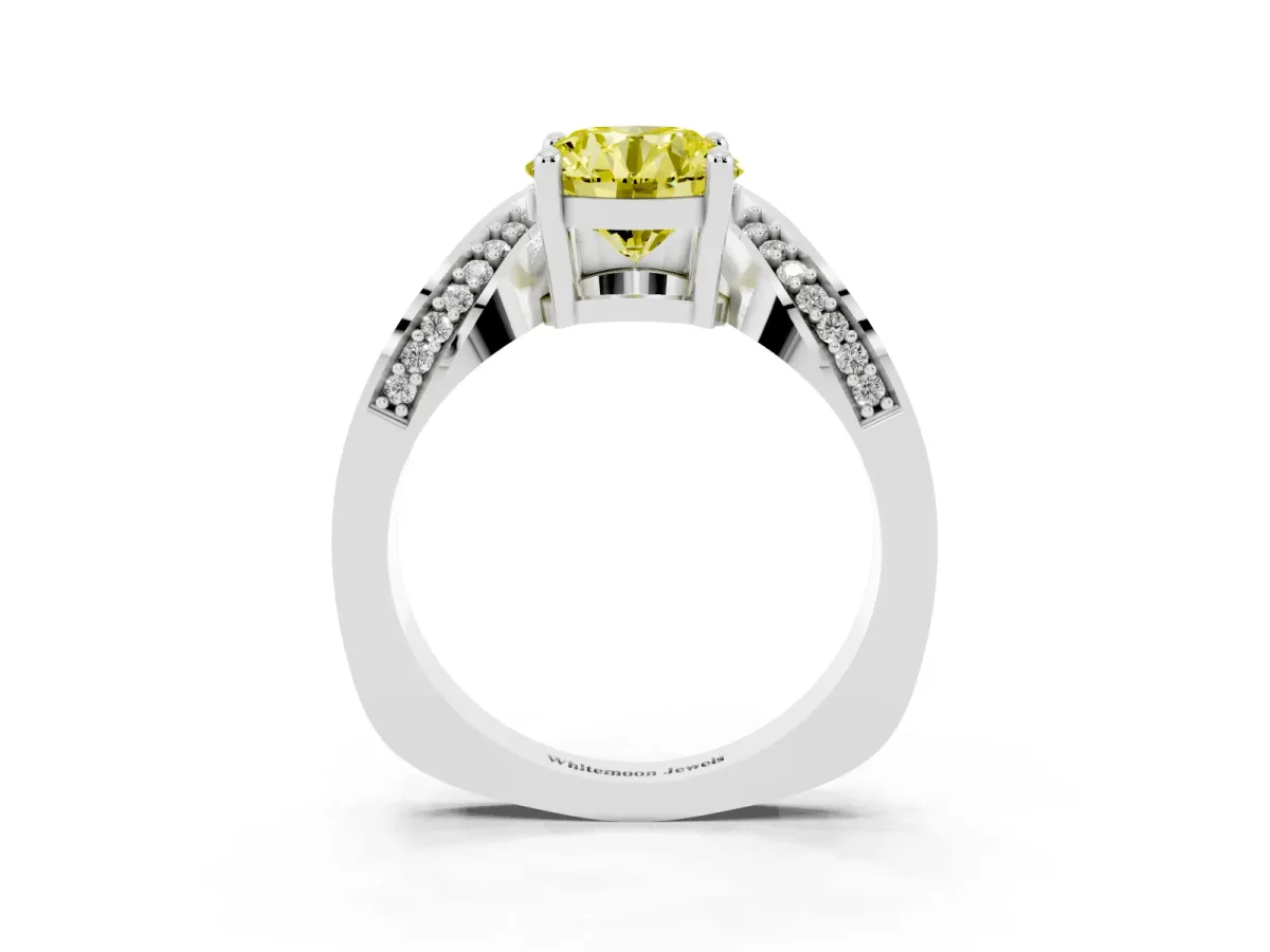 Fancy Yellow Round Cut Solitaire Diamond Engagement Ring with Pave Band and Four-Prong Setting Silver