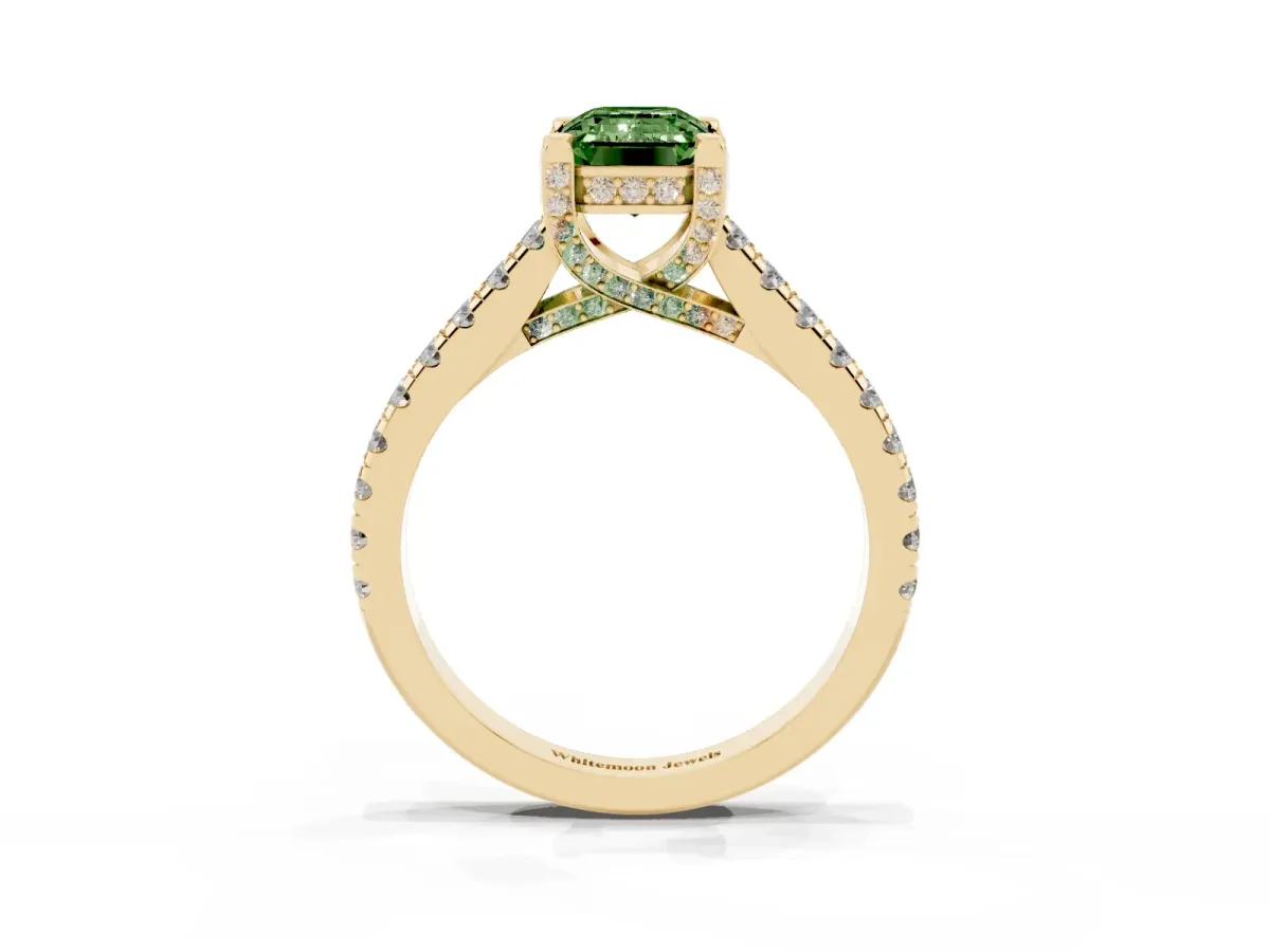 Fancy Green Emerald Cut Brilliant Diamond Solitaire with Pavé Band and Four-Prong Setting Yellow gold