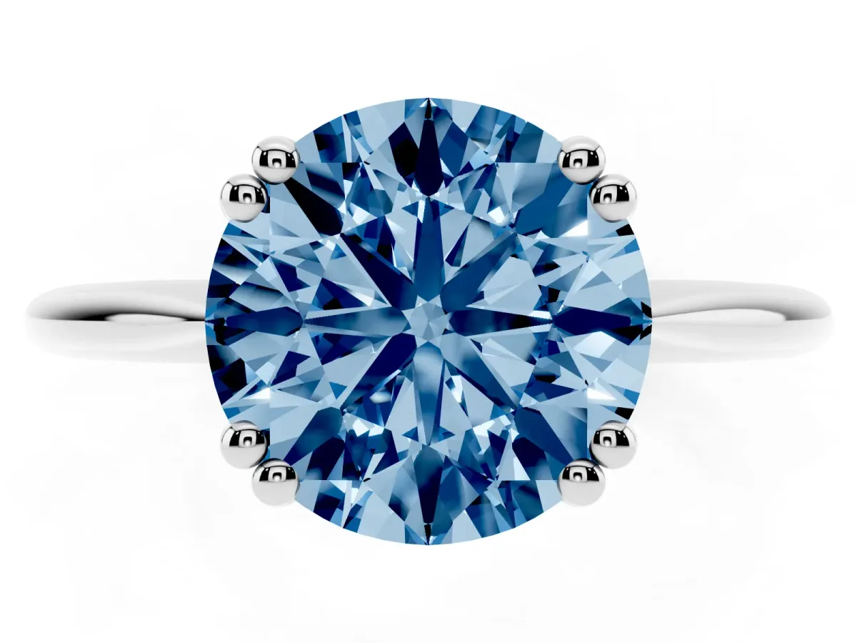 Fancy Blue Round Cut Solitaire Diamond Ring with Six-Prong Setting and Classic Band Silver