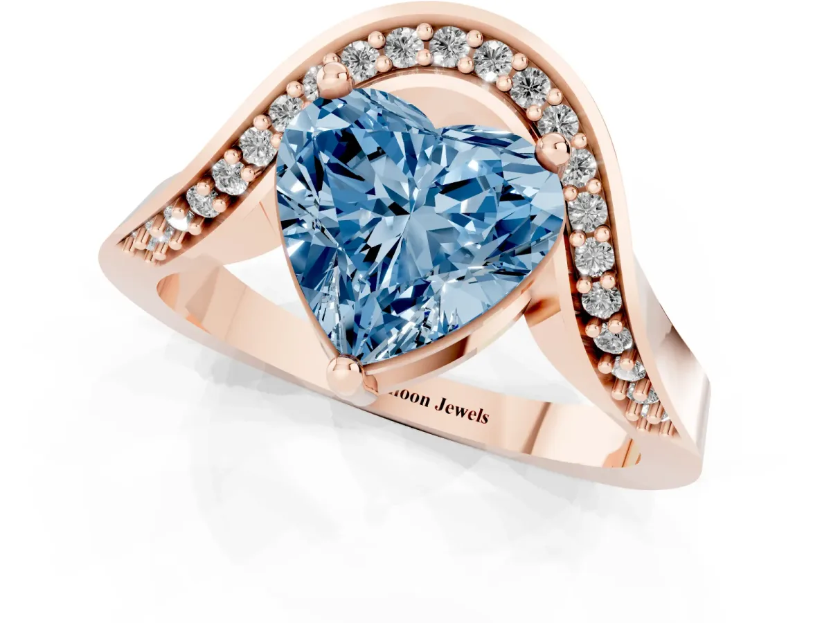 Fancy Blue Heart Cut Solitaire Diamond Engagement Ring with Pave Band and Four-Prong Setting Rose gold