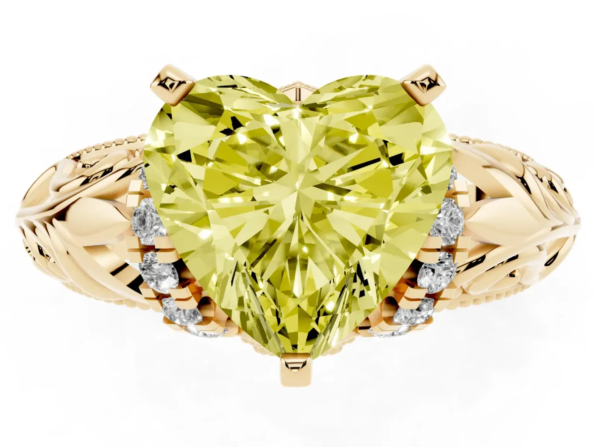 Fancy Yellow Heart Cut Solitaire Filigree Engagement Ring with Halo and Prong Setting Yellow gold