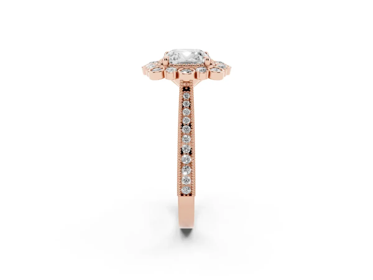 Cushion Cut Halo Milgrain Pave Diamond Ring with Four-Prong Setting Rose gold