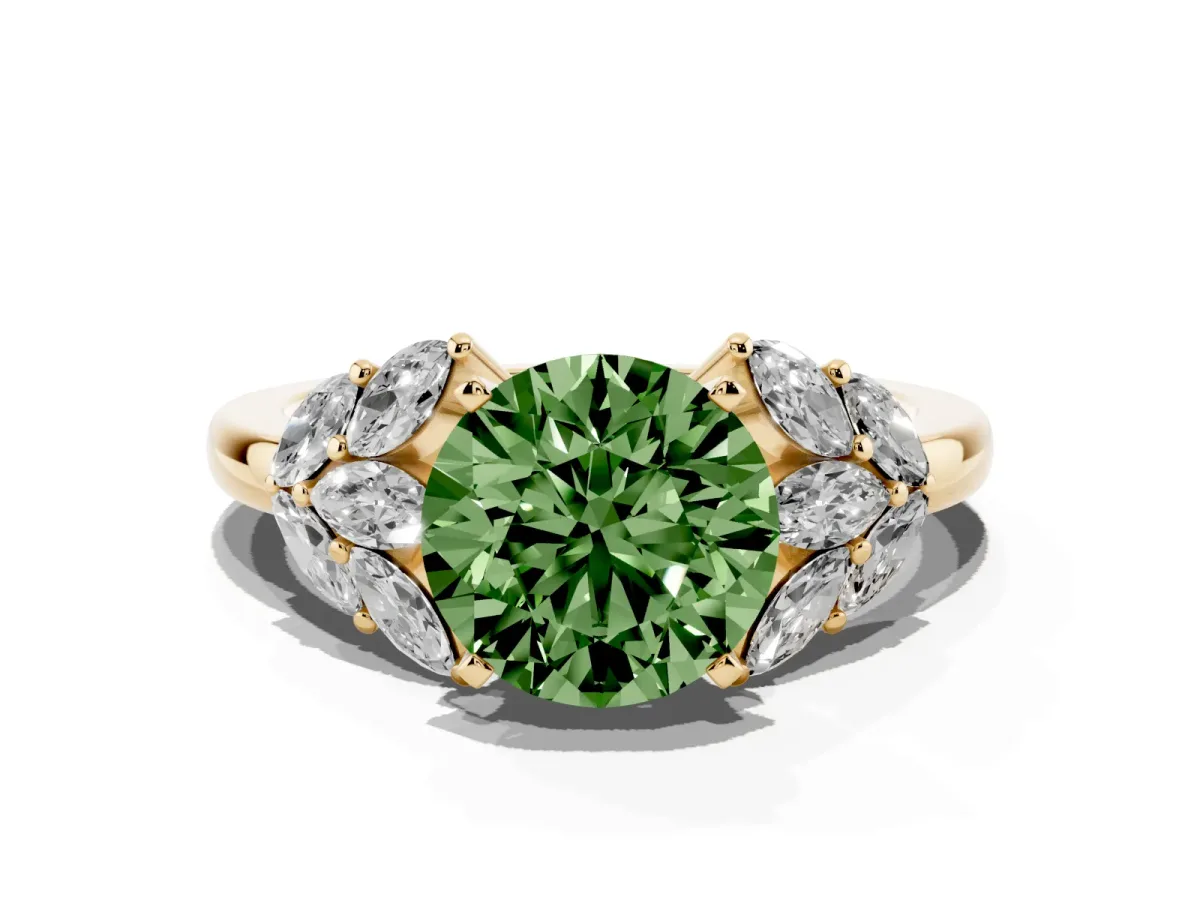 Fancy Green Round Cut Diamond Cluster Leaf Design Ring with Prong Setting Yellow gold