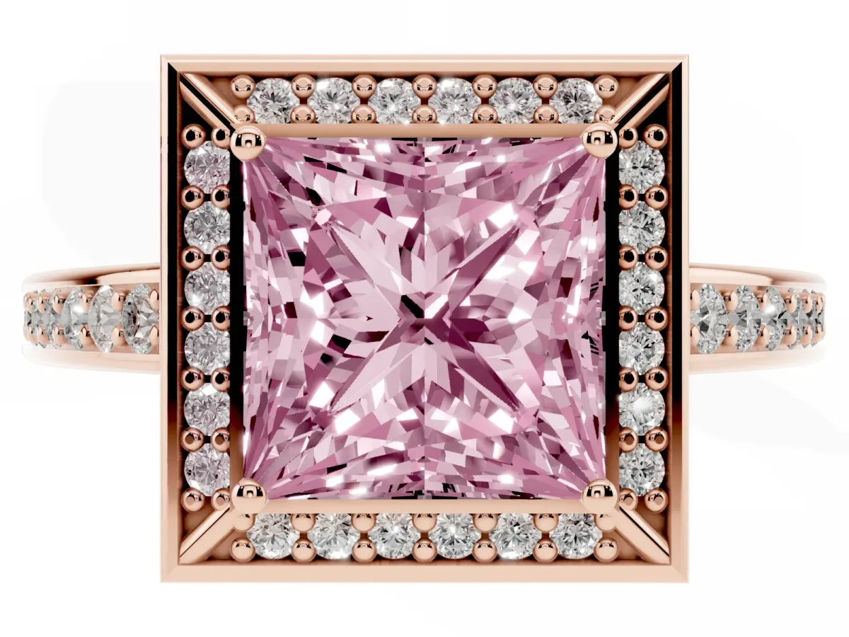 Fancy Pink Princess Cut Cut Halo Pave Split Shank Prong Setting Ring Rose gold