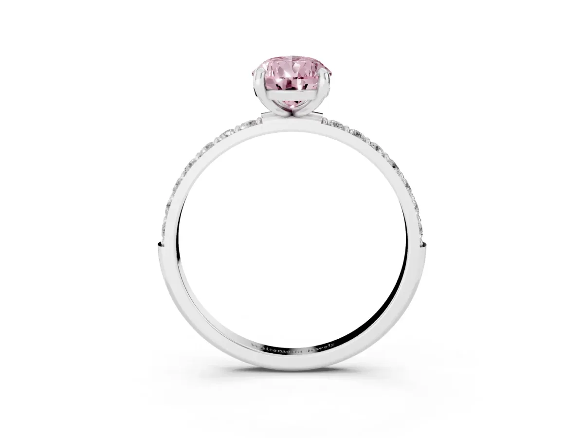 Fancy Pink Pear Cut Diamond Solitaire Ring with Round Pavé Band and Prong Setting Platinum