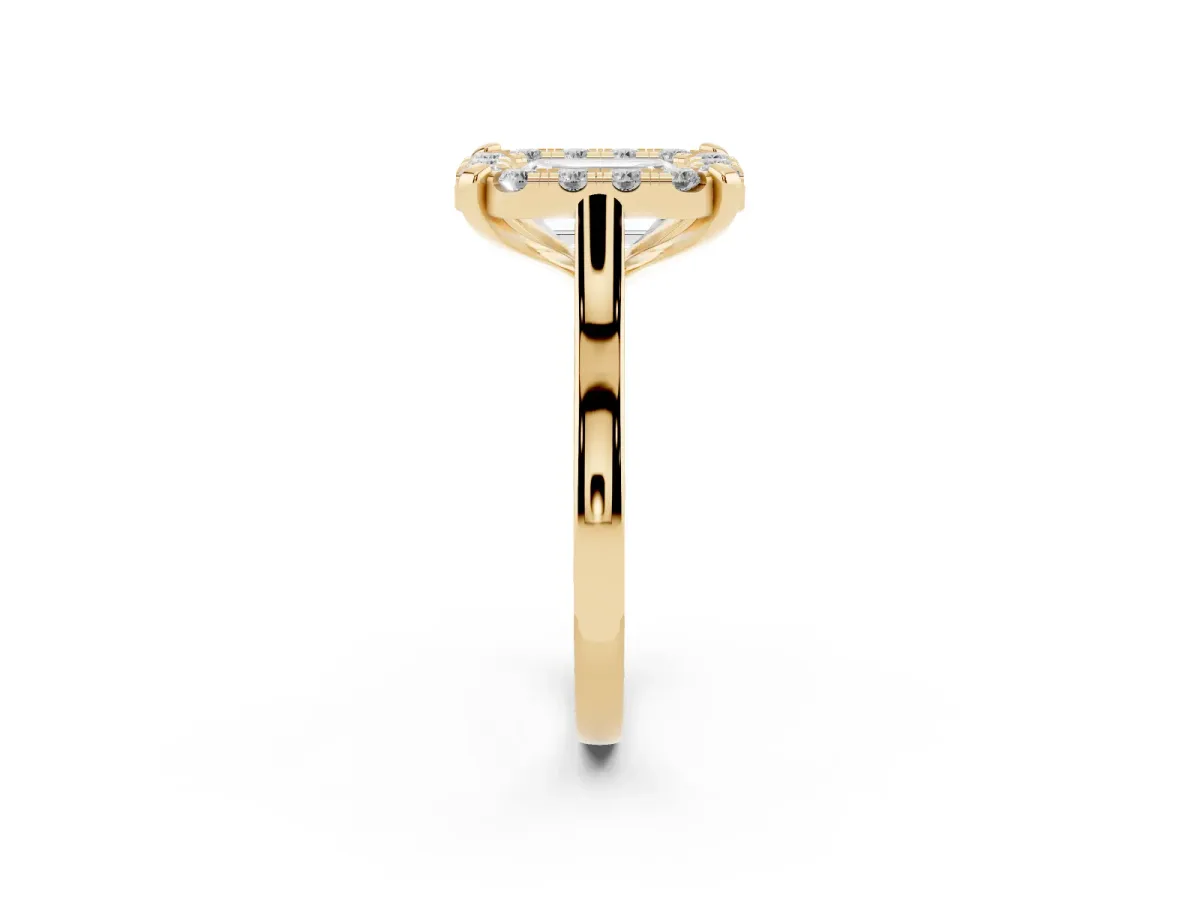 Emerald Cut Diamond Cluster Halo Solitaire with Four-Prong Setting Yellow gold