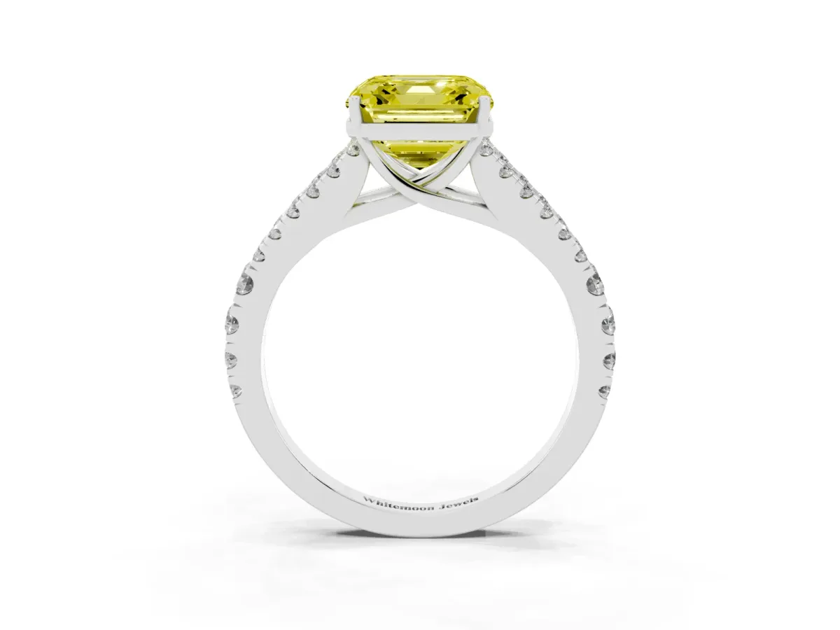 Fancy Yellow Asscher Cut Diamond Split Shank Pavé Engagement Ring with Four-Prong Setting Silver