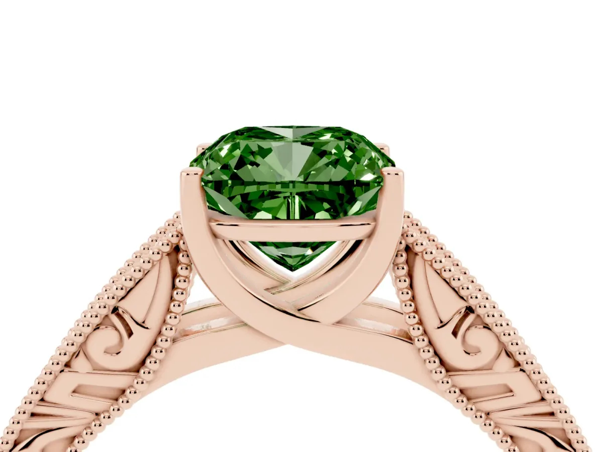 Fancy Green Cushion Cut Diamond Solitaire Ring with Engraved Band and Four-Prong Setting Rose gold