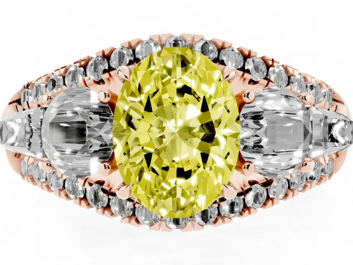 Fancy Yellow Three-Stone Oval Cut Diamond Engagement Ring with Pave Band and Prong Setting Rose gold