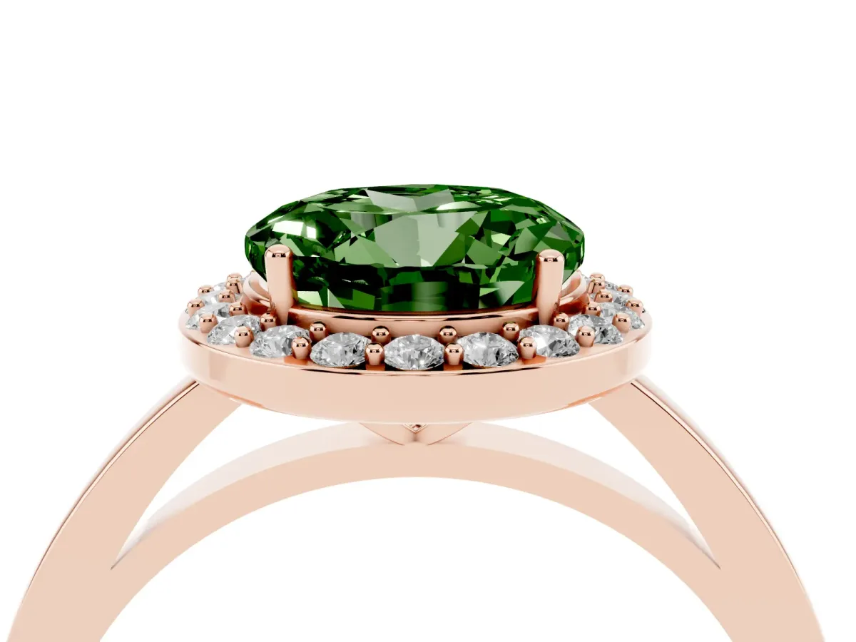 Fancy Green Round Cut Halo Diamond Ring with Solitaire Band and Prong Setting Rose gold
