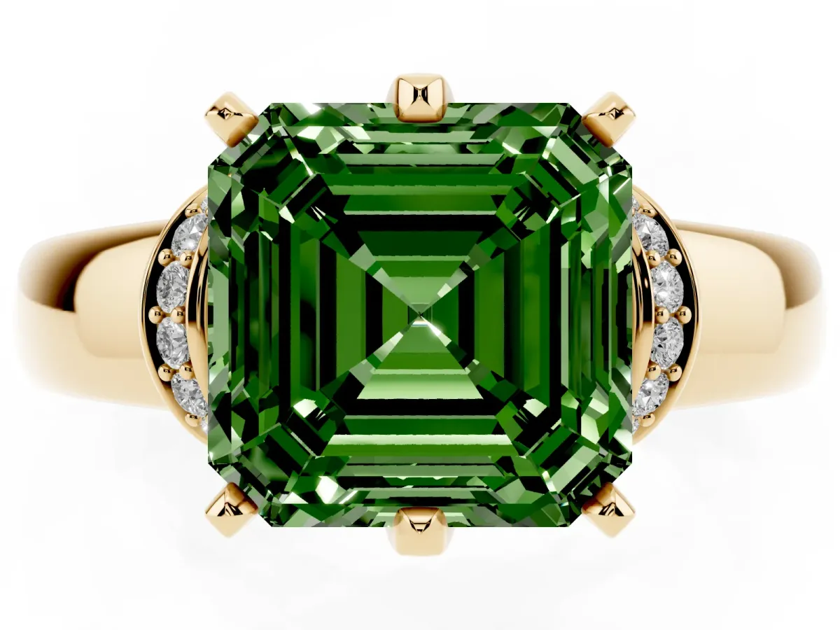 Fancy Green Asscher Cut Solitaire Diamond Ring with Pave Band and Six-Prong Setting Yellow gold