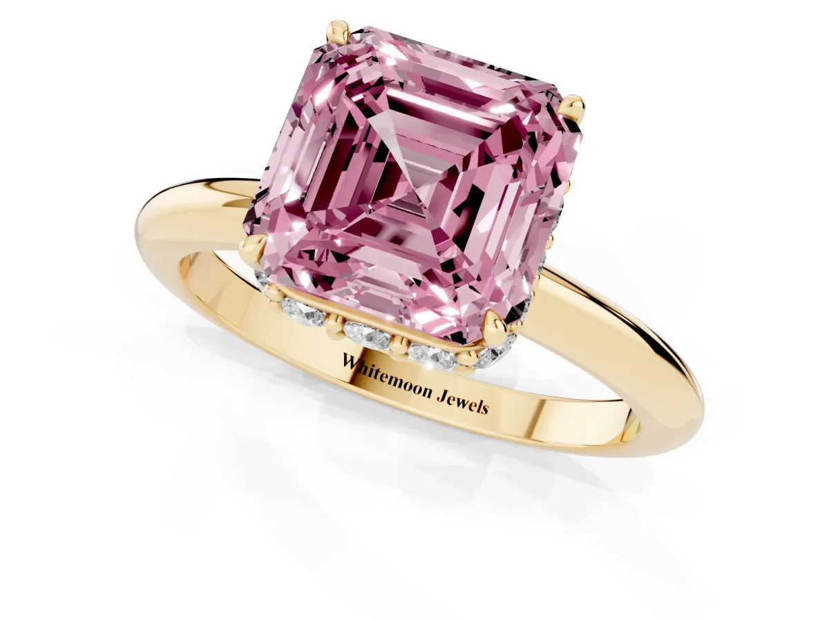 Fancy Pink Asscher Cut Brilliant Solitaire Engagement Ring with Six-Prong Setting and Classic Band Yellow gold