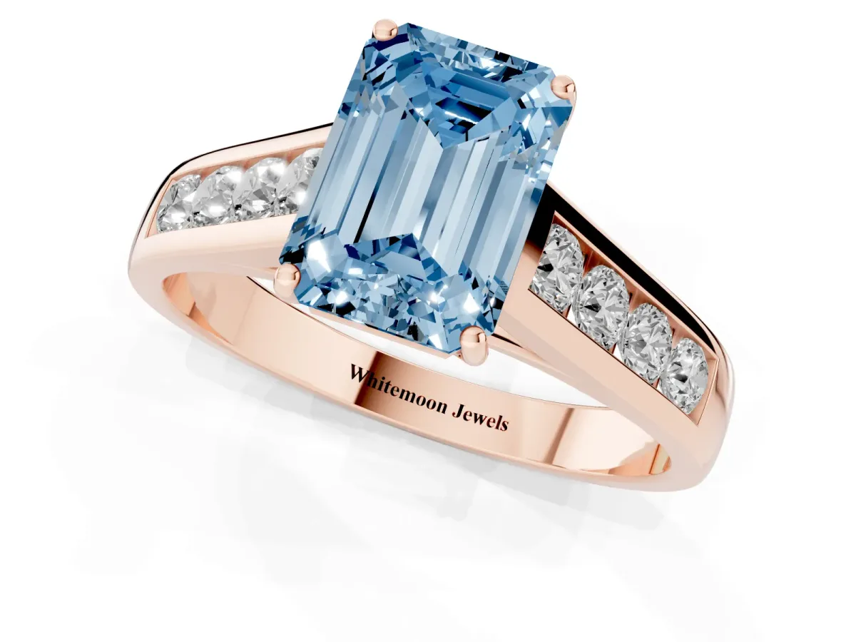 Fancy Blue Emerald Cut Solitaire Channel-Set Diamond Engagement Ring with Four-Prong Setting Rose gold