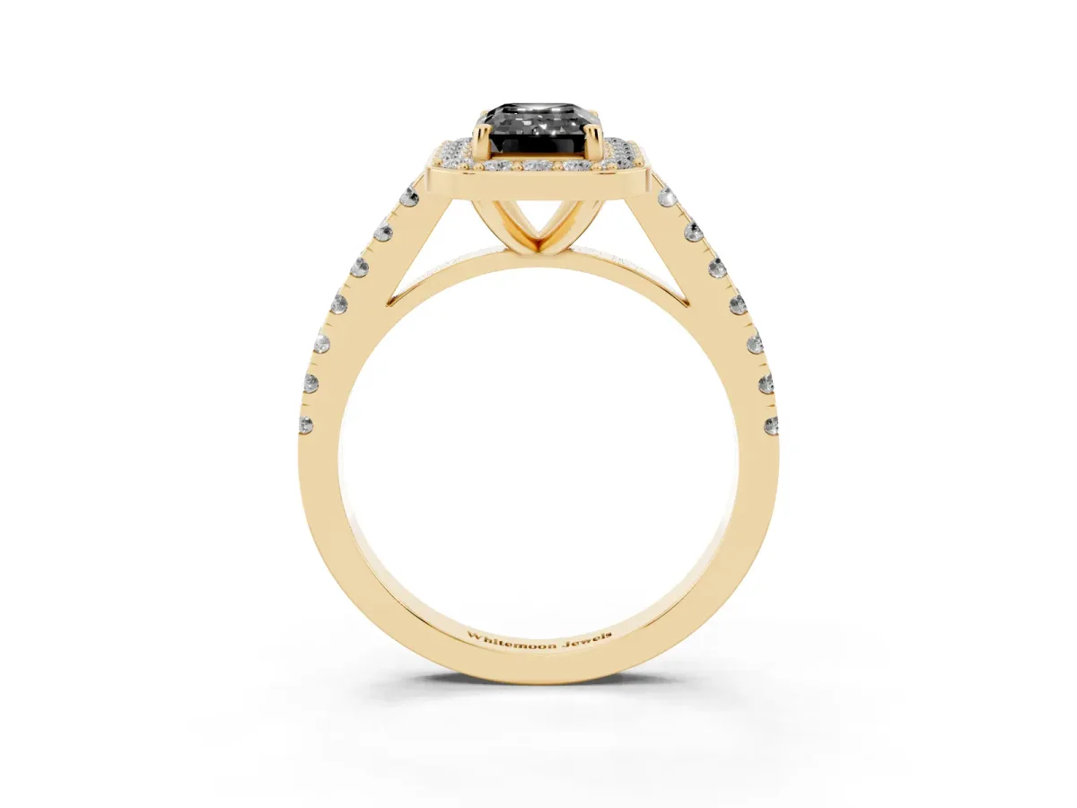 Fancy Black Emerald Cut Diamond Halo Ring with Round Pavé Split Shank and Prong Setting Yellow gold