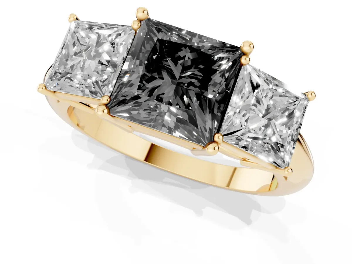 Fancy Black Three-Stone Princess Cut Cut Diamond Engagement Ring with Prong Setting on a White Gold Band Yellow gold