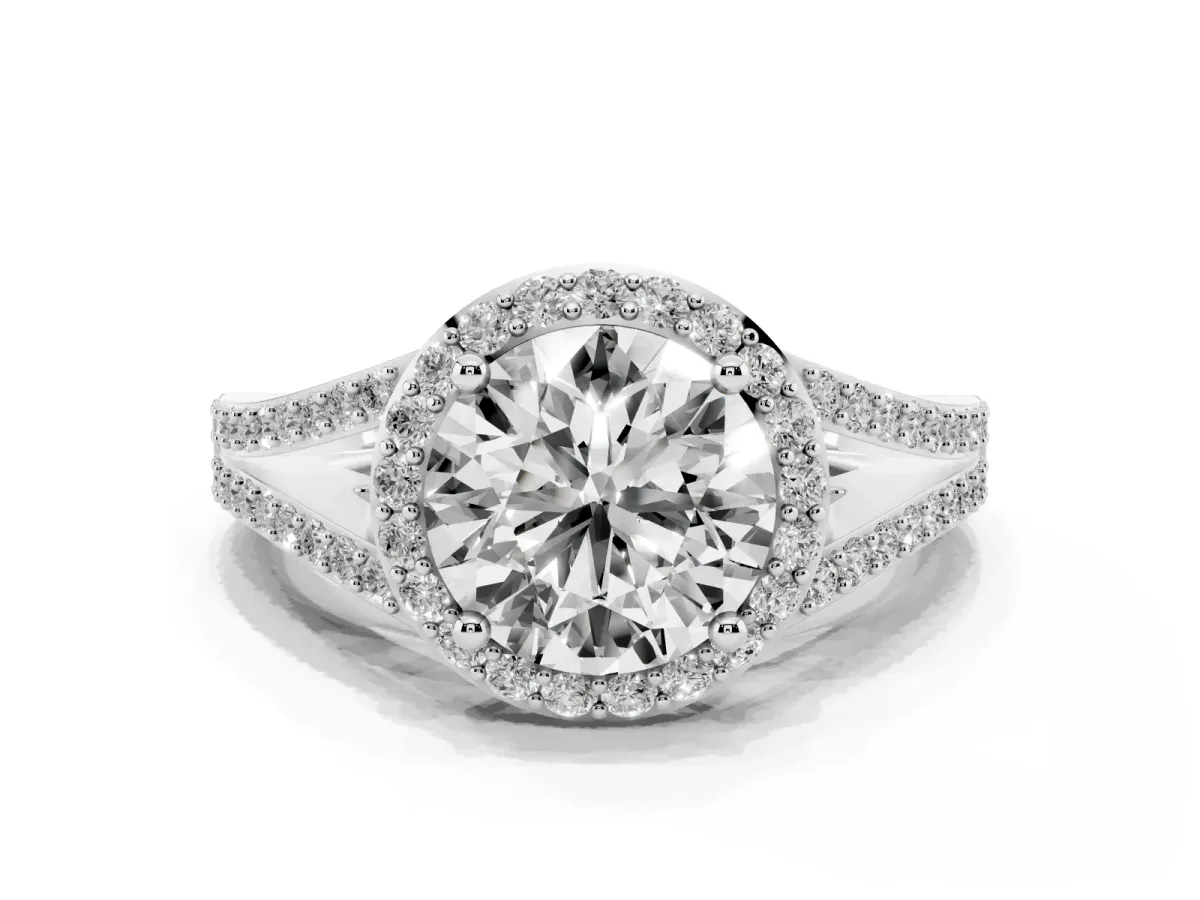 Round Cut Halo Split Shank Diamond Ring with Prong Setting Platinum