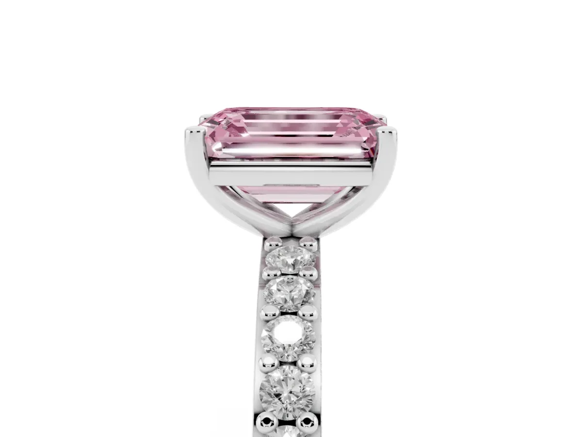 Fancy Pink Emerald Cut Cut Diamond Solitaire with Pave Band and Four-Prong Setting Silver