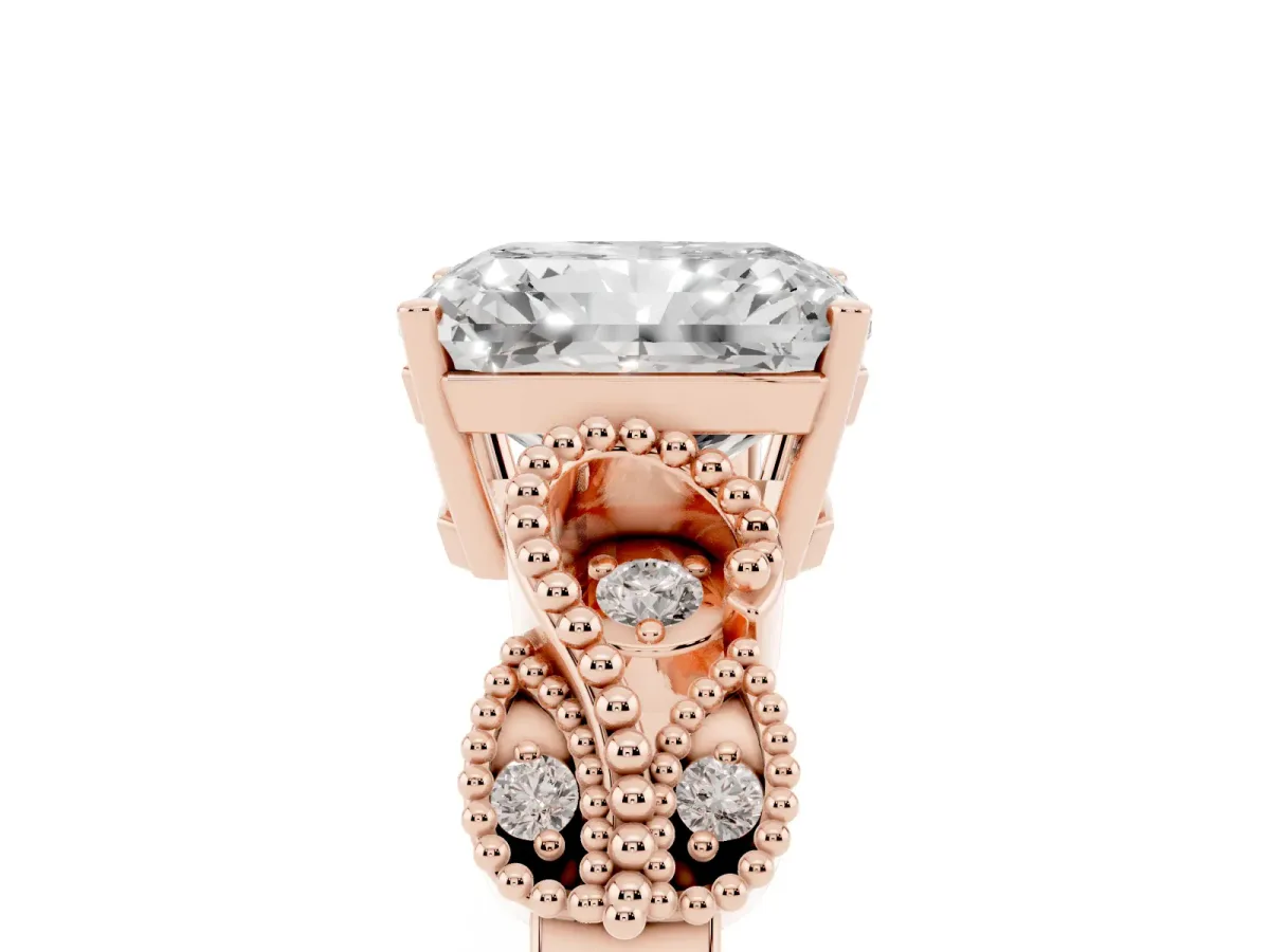 Radiant Cut Solitaire Milgrain Leaf Band with Prong Setting Rose gold