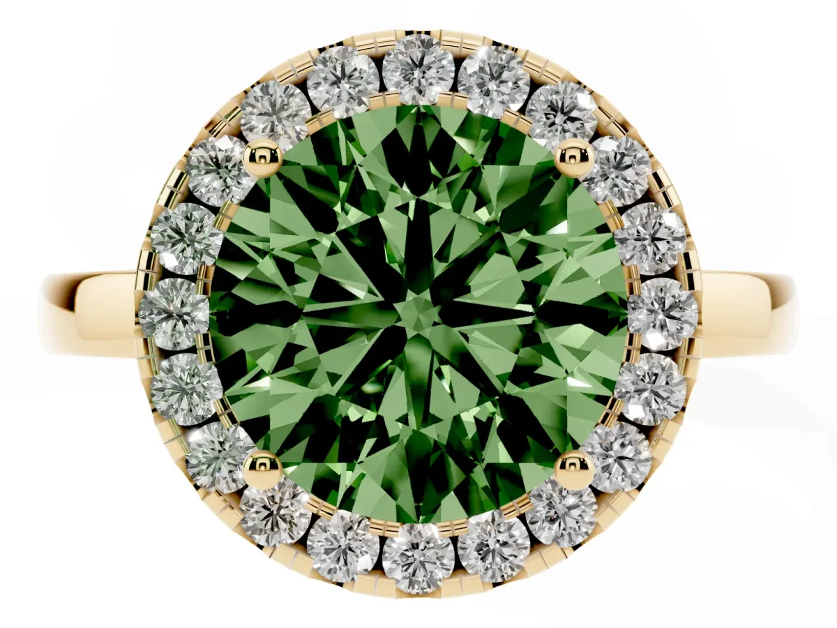 Fancy Green Round Cut Halo Diamond Solitaire with Pavé Band and Four-Prong Setting Yellow gold