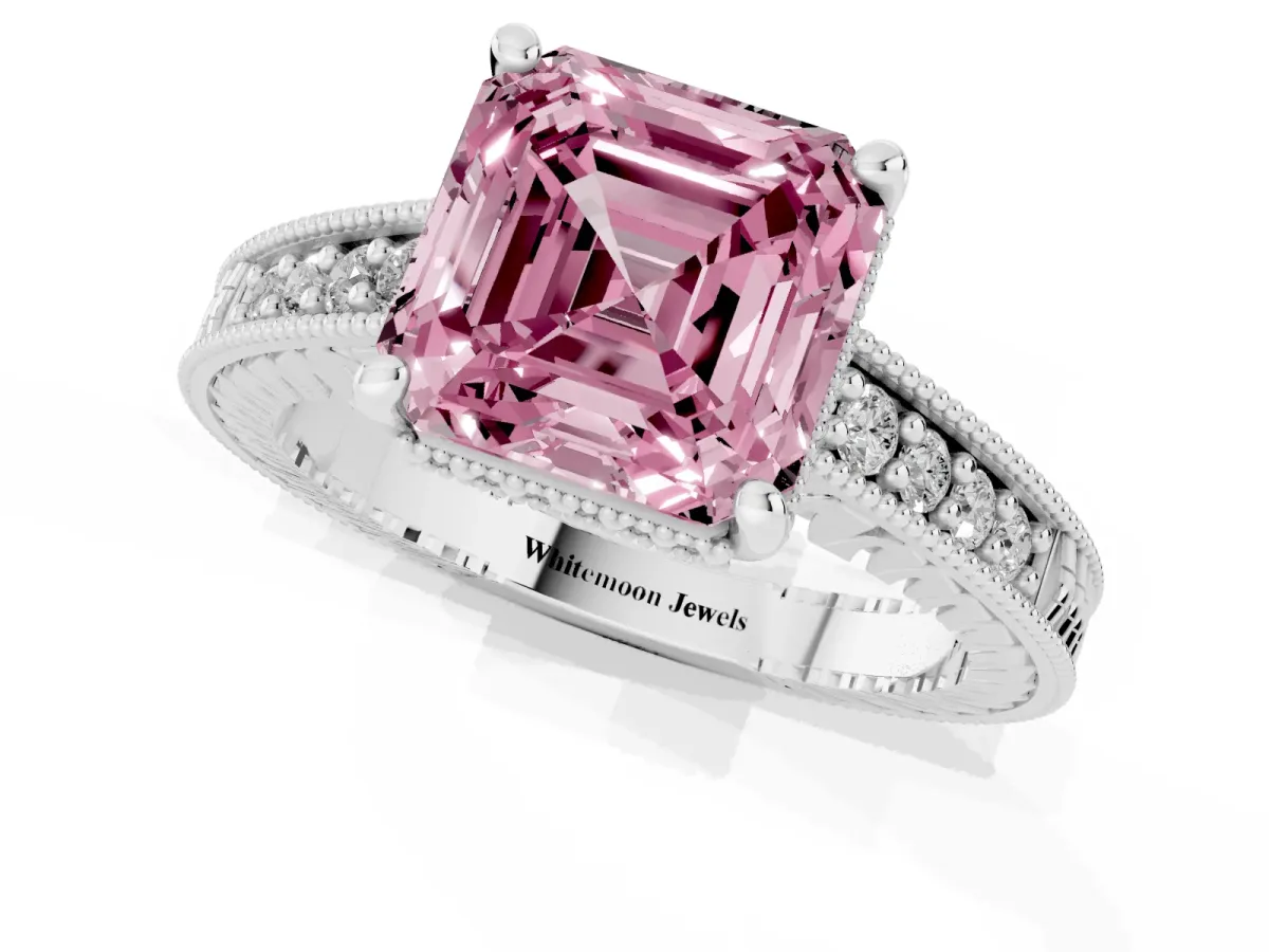 Fancy Pink Asscher Cut Solitaire Pavé Diamond Milgrain Engagement Ring with Four-Prong Setting Platinum