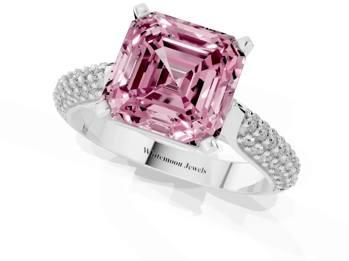 Fancy Pink Asscher Cut Diamond Solitaire Engagement Ring with Multi-Row Round Pavé Band and Prong Setting Platinum