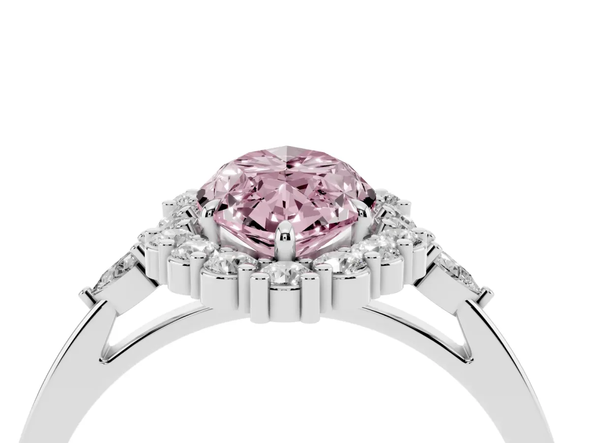 Fancy Pink Marquise Cut Diamond Halo Ring with Pear Side Stones and Prong Setting Silver