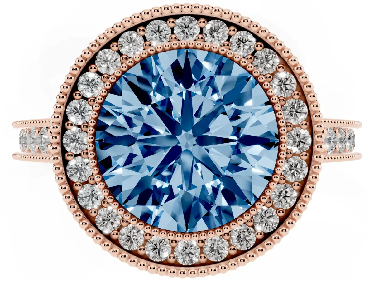 Fancy Blue Halo Round Cut-Cut Diamond Pave Band Milgrain Prong Setting Ring Rose gold